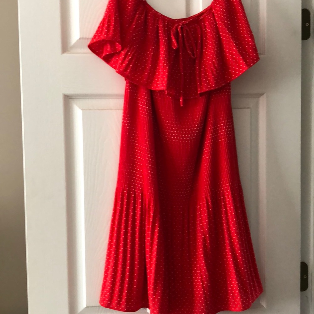 Red and white polka dot off the shoulder dress
